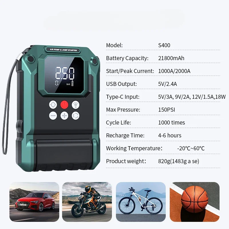

2000A Car Jump Starter With Air Compressor Portable Jump Starter Battery Booster with Air Pump Jump Starter with Tire Inflator