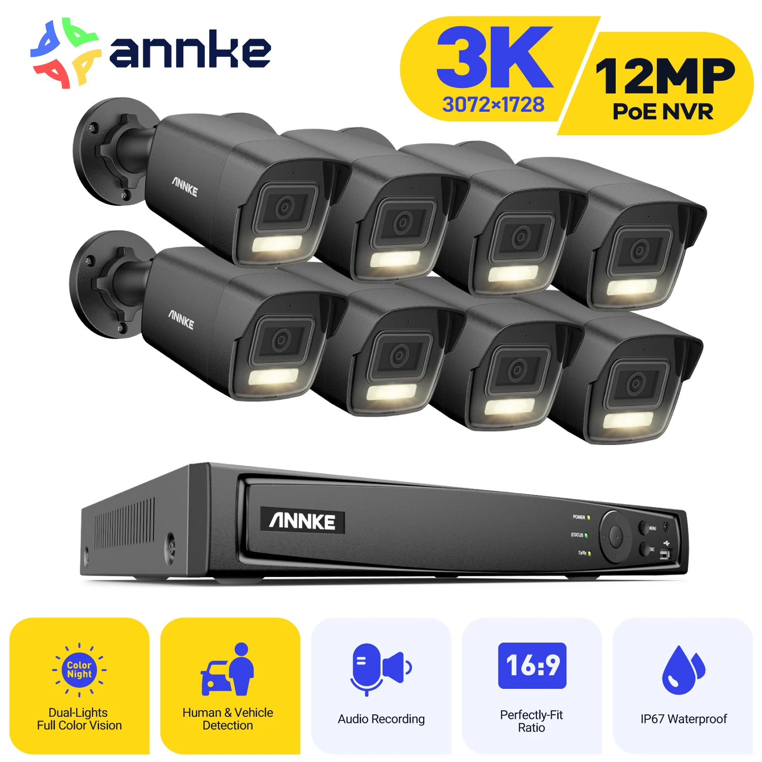 ANNKE 8-канальная система видеонаблюдения HomeNight Vision Встроенный микрофон Smart Dual Light Комплект видеонаблюдения для обнаружения транспортных средств