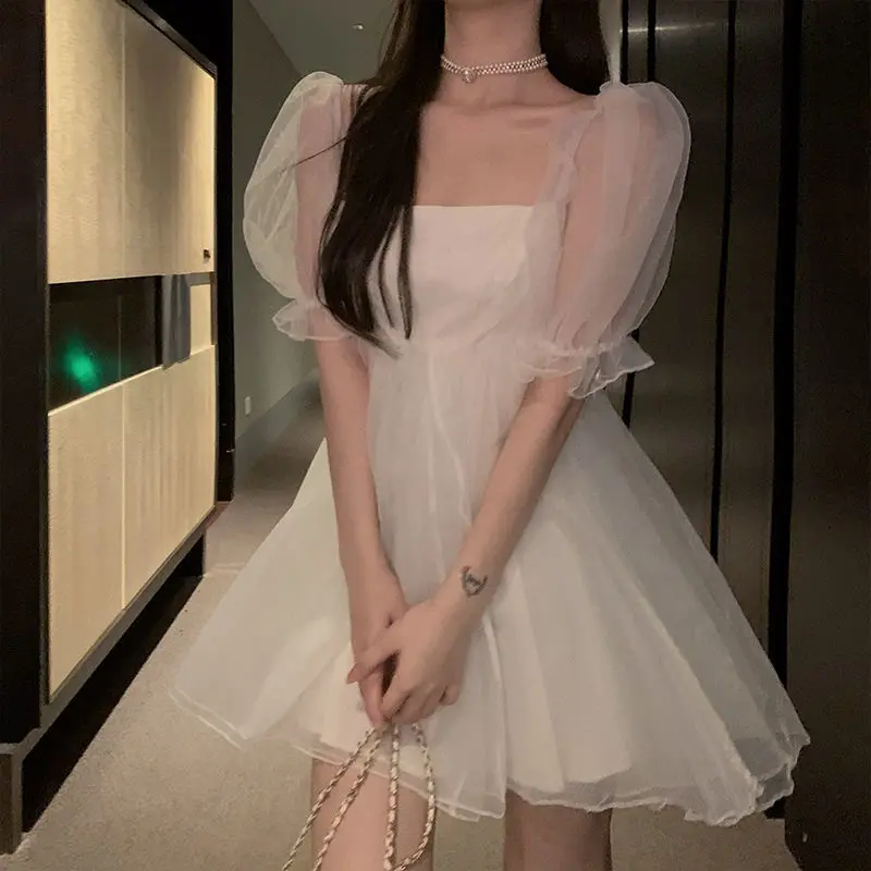 Women Sexy Mesh Skirt Sweet Kawaii Japanese Fairy Party Elegant Dresses Summer Fashion Bubble Sleeve White Short Sleeve Dress