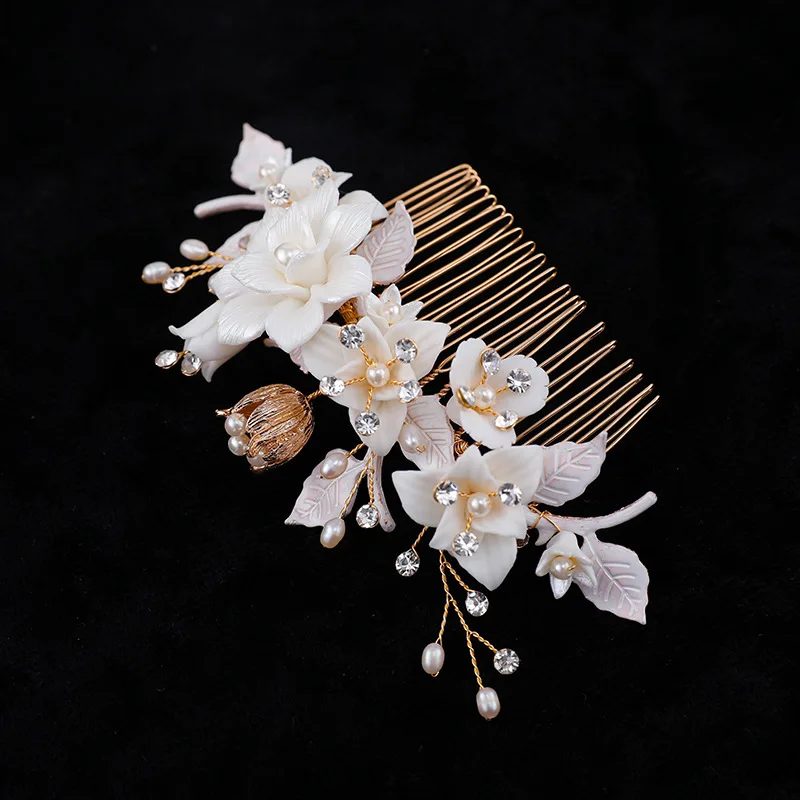 Bridal Hair Piece Comb Ceramic Floral Women Freshwater Pearls Jewelry Gold Color Wedding Headpiece Accessories