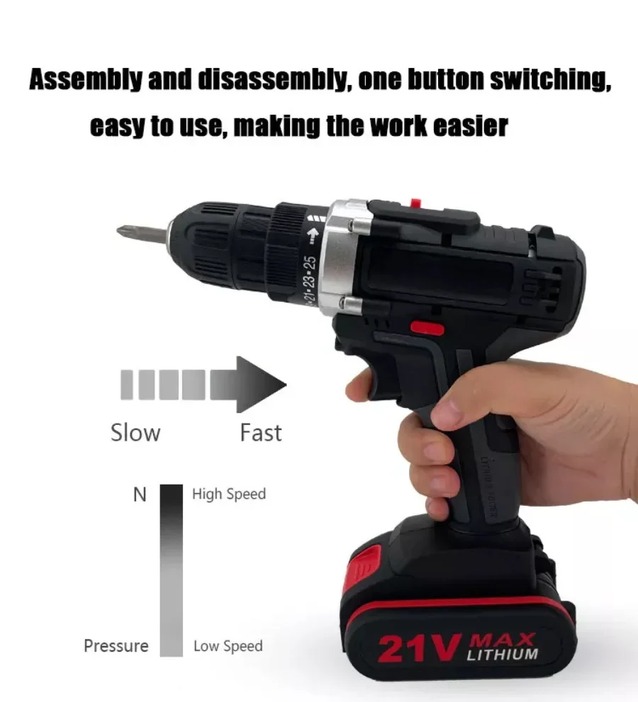 Electric Impact Cordless Drill High-power Lithium Battery Wireless Rechargeable Hand Drill Home DIY Electric Power Tools 21V