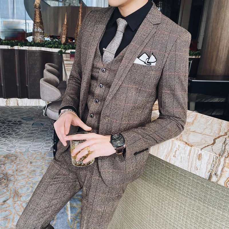 ( Jacket + Vest + Pants ) Fashion Boutique Plaid Formal Office Business Mens Suit 3pcs Set High-end Brand Groom Wedding Party