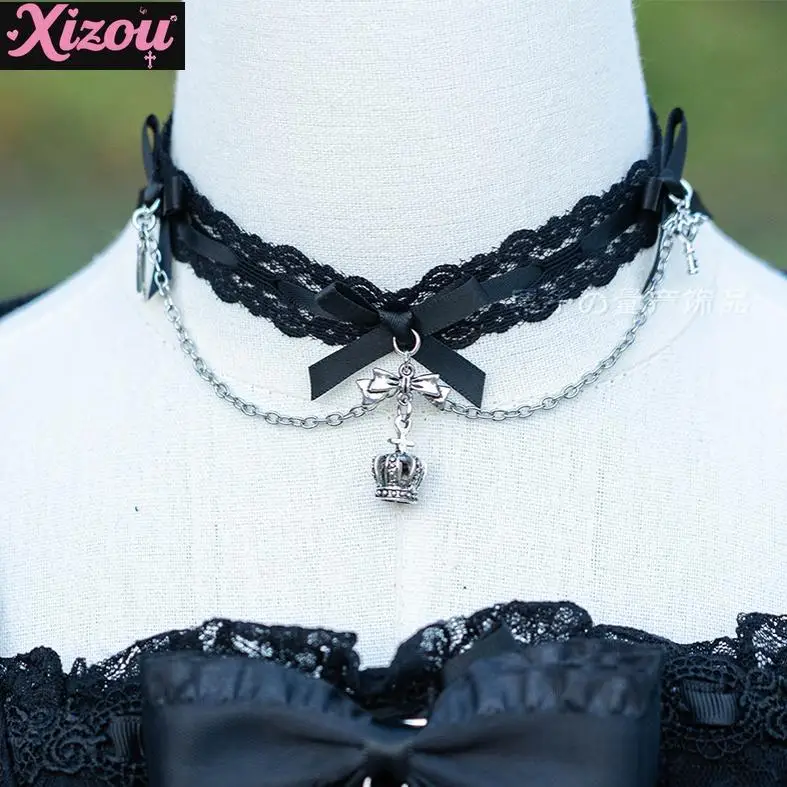 

Original Dark Loli Original Handmade Tianlei Black and Pink Handmade Collar Necklace Collar Gothic Lolita Accessories Female
