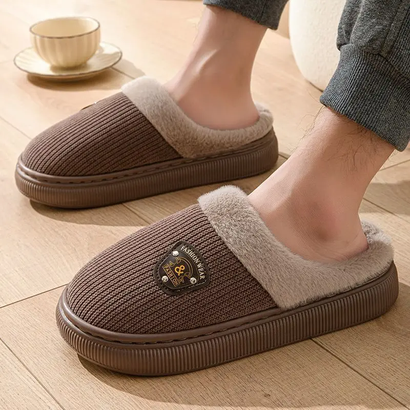 Plus Size Men's Winter Cotton Slippers Thick Sole Furry Lining Anti Slip Thermal Indoor Slippers for Home Use Warmth Comfort