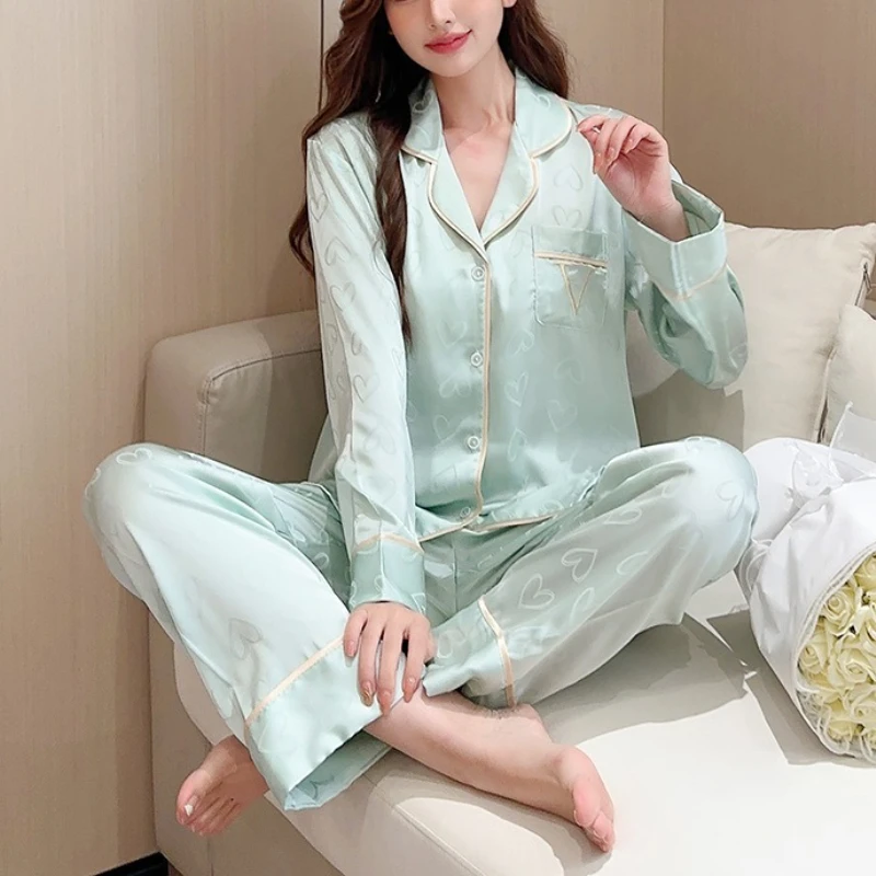 

Krismile, весенне-осенние пижамные комплекты, новинка 2025, топы с отложным воротником и длинными рукавами и карманами с вышивкой в виде сердца, прямые брюки