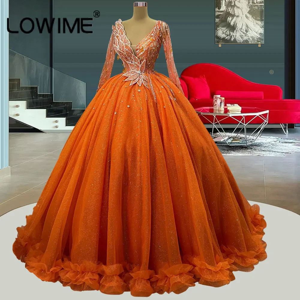 Dubai Princess Orange Ball Gown Deep V Neck Long Sleeves Evening Dresses Shiny Red Carpet Award Show Formal Pageant Events Gowns