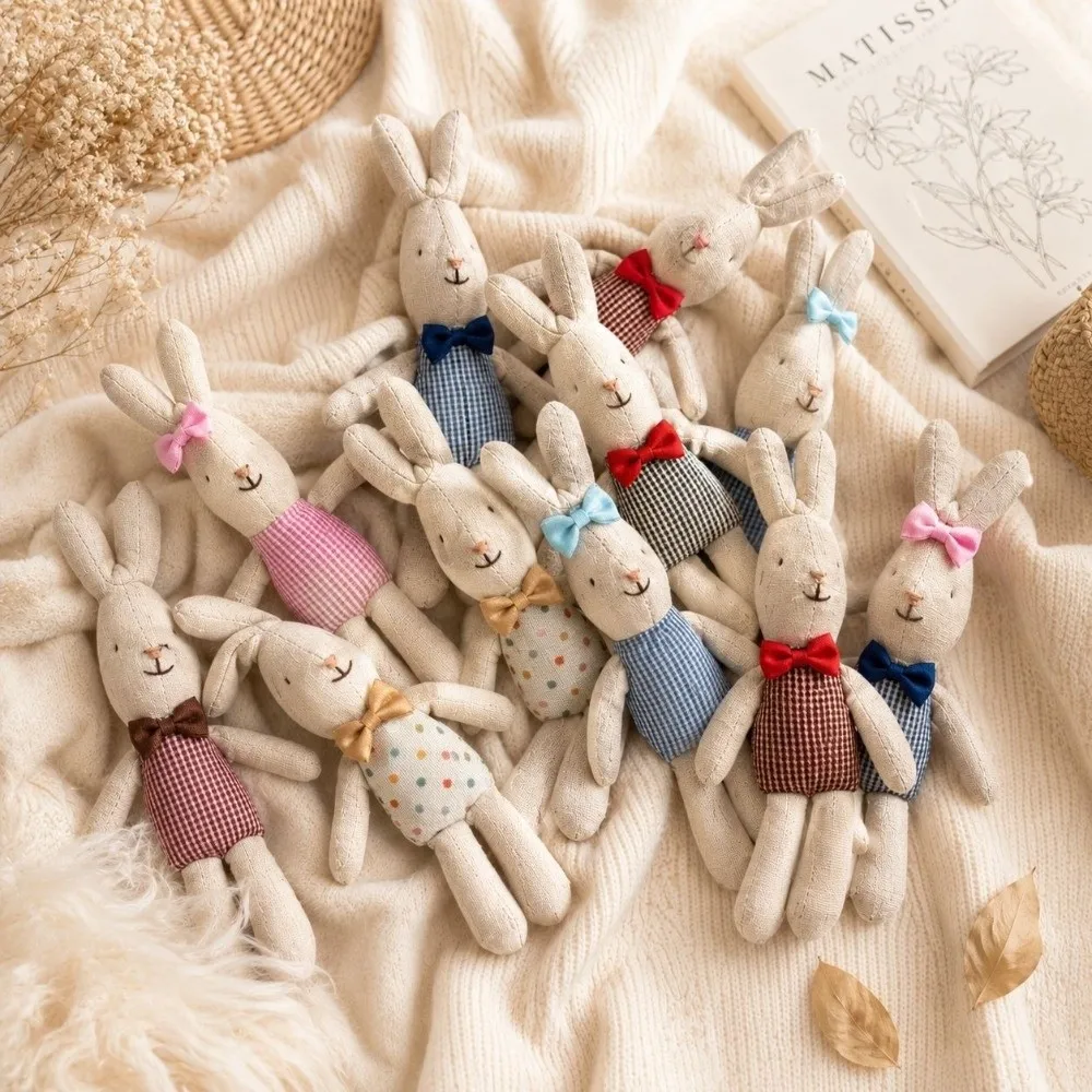 Nordic Style Handmade Linen Bunny Doll Soft Plush Rabbit Toy Minimalist Nursery Decoration Montessori Kids Role Play Gift