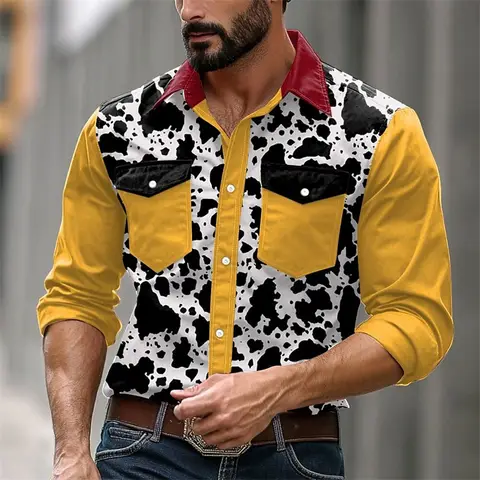 Men's Long Sleeve Shirt Street 3D Flower Printed Wolf Pattern Casual Spring Autumn Fashion Brand New Top