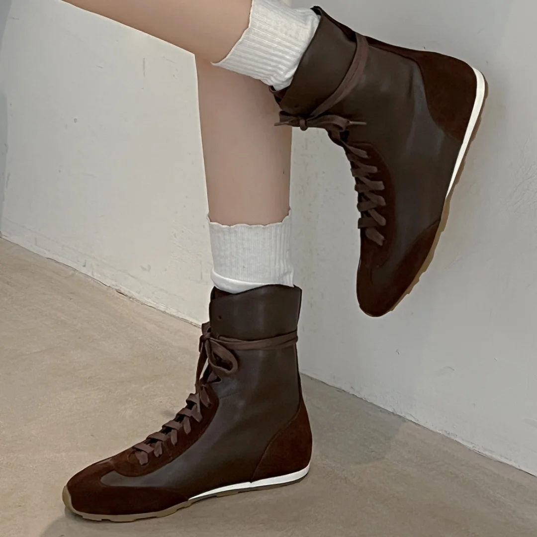

Женские осенние ботильоны на плоской подошве из коровьей кожи в стиле пэчворк с круглым носком и шнуровкой, мягкие удобные повседневные женские короткие ботинки высокого качества
