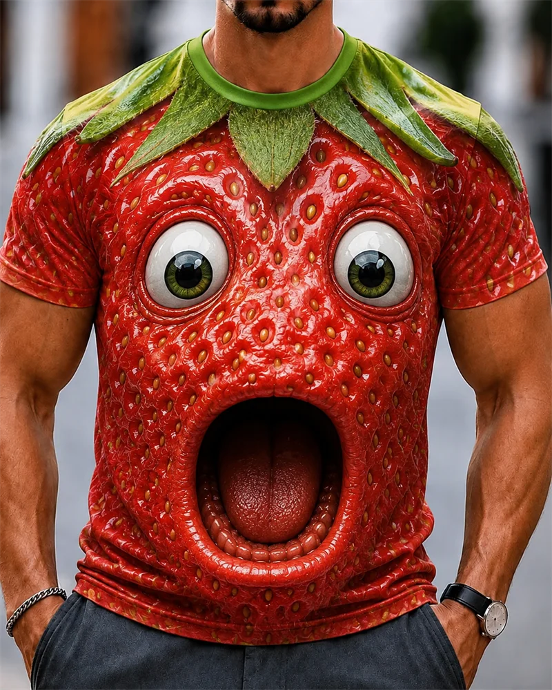 Strawberry Face Funny Men's T-shirts 3D Fruit Print Short Sleeve Summer Casual Novelty Party Streetwear Graphic Tee Top Gift