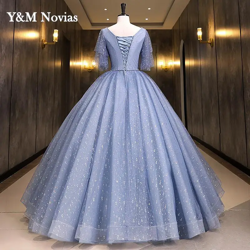 Y & m novias vestido de baile azul doce 16 quinceanera vestido 2022 novo decote em v apliques lantejoulas vestido de festa da princesa vestidos de 15 anos