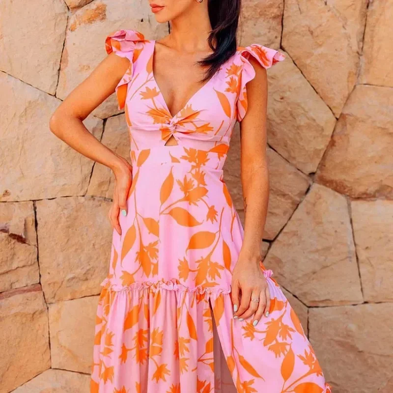 

Swimsuit and Skirt, V-neck, Orange Leaf Printed, One Piece Beachwear, Bathing Suit, Vacation