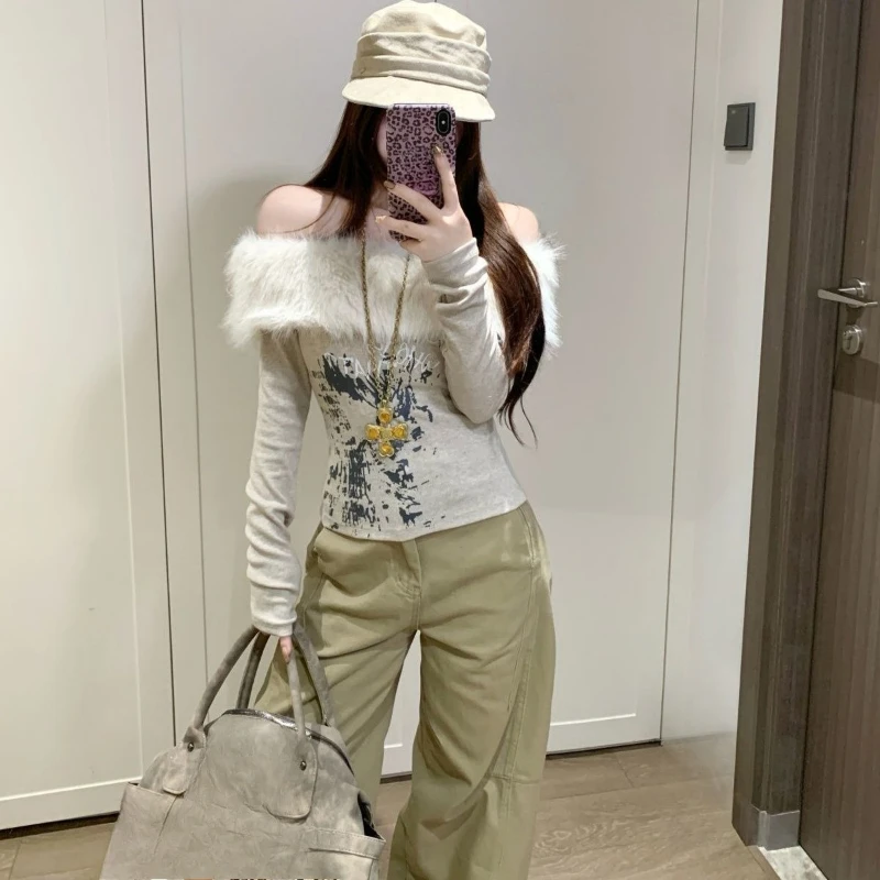 American Style Spicy Girl Faux Fur Tops Off Shoulder Long Sleeve Slim Fit Tops Woman Casual Sweet Korean Fashion Blouse