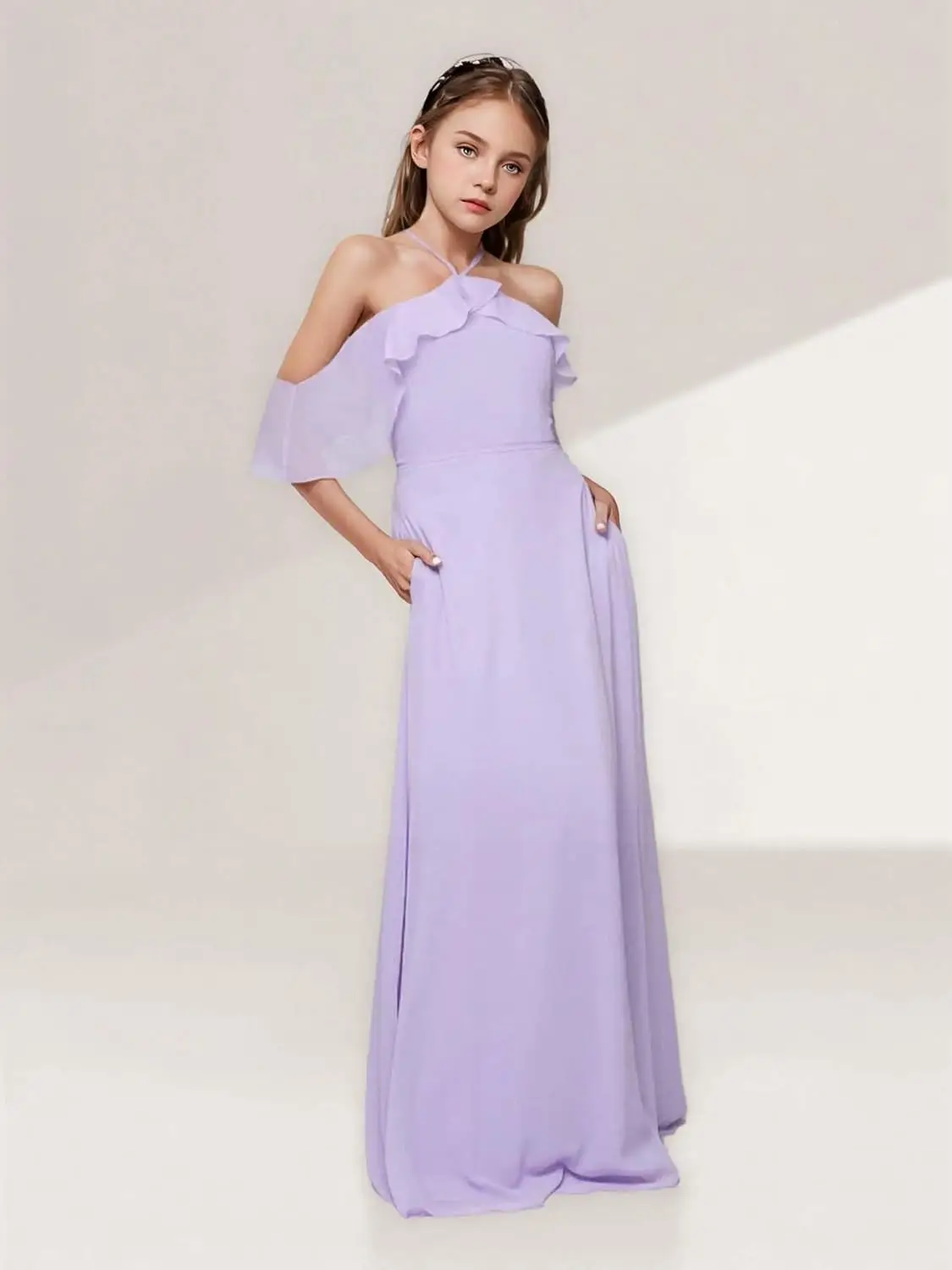 A라인 홀터 주니어 브라이드메이드 드레스 러플 오프숄더 쉬폰 플라워 걸 드레스 웨딩 프로모션 드레스