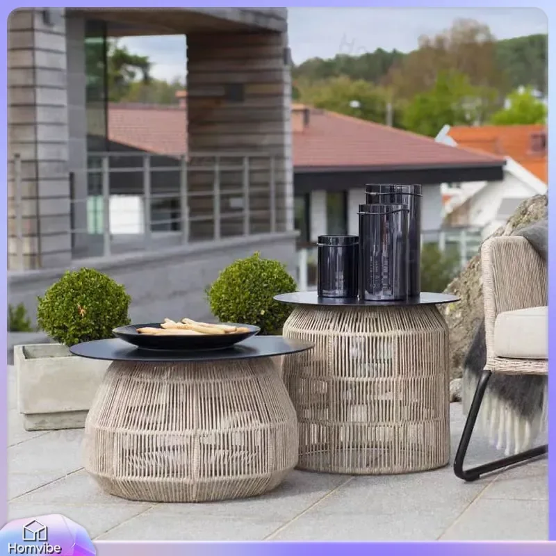 Nordic Outdoor Side Table Round Edge Rattan Coffee Table Small Tea Table for Balcony Patio Garden Furniture Set Casual Corner