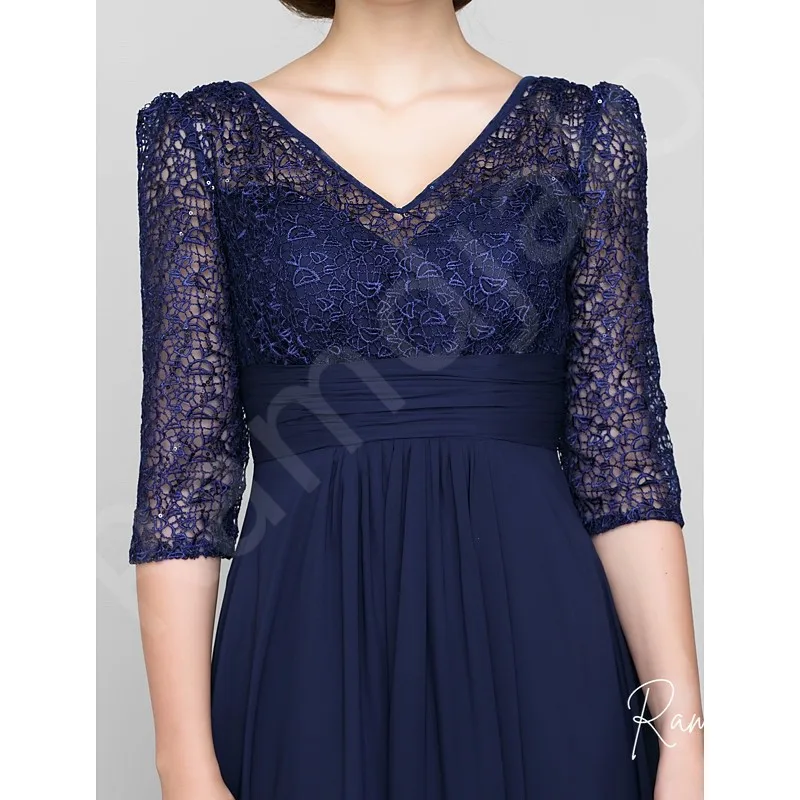 Customized Lace Chiffon Mother of the Bride Dress V Neck 3/4 Sleeves Empire Waist Navy Blue Floor Length Wedding Party Gowns