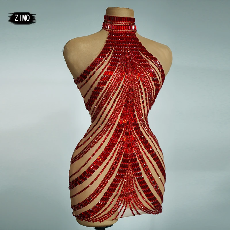 

Lady Sexy Luxury Sparkle Rhinestones Red Dress Perspective Club Party Birthday Wedding Stage Performance Drag Queen Dress