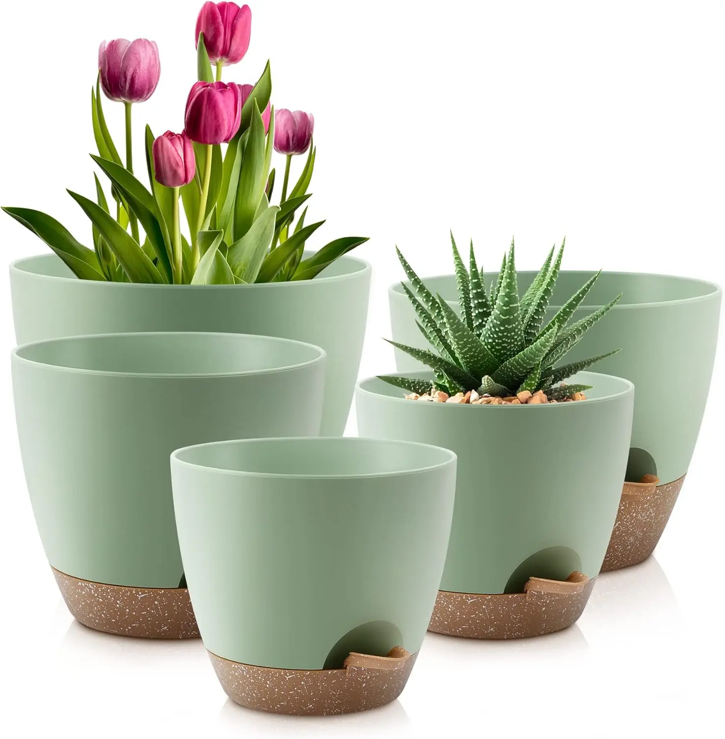 

Plant Pots 10/9/8/7.5/7 Inch Self Watering Pots, Set of 5 Plastic Planters with Drainage Holes and Saucers,Plastic Flowe