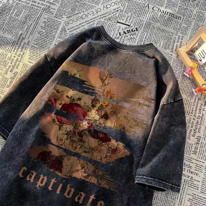 Man's Retro T-shirt Washed And Old Rose Printed Trendy Short Sleeve Men and Women Summer Loose Couple Top