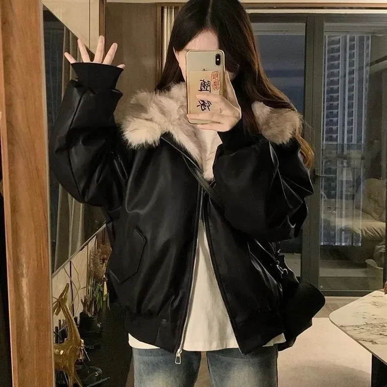 American Retro Hooded Patchwork Fur Jacket Women's Winter Fleece Lined Thickened Warm Cotton Coat PU Leather Coat