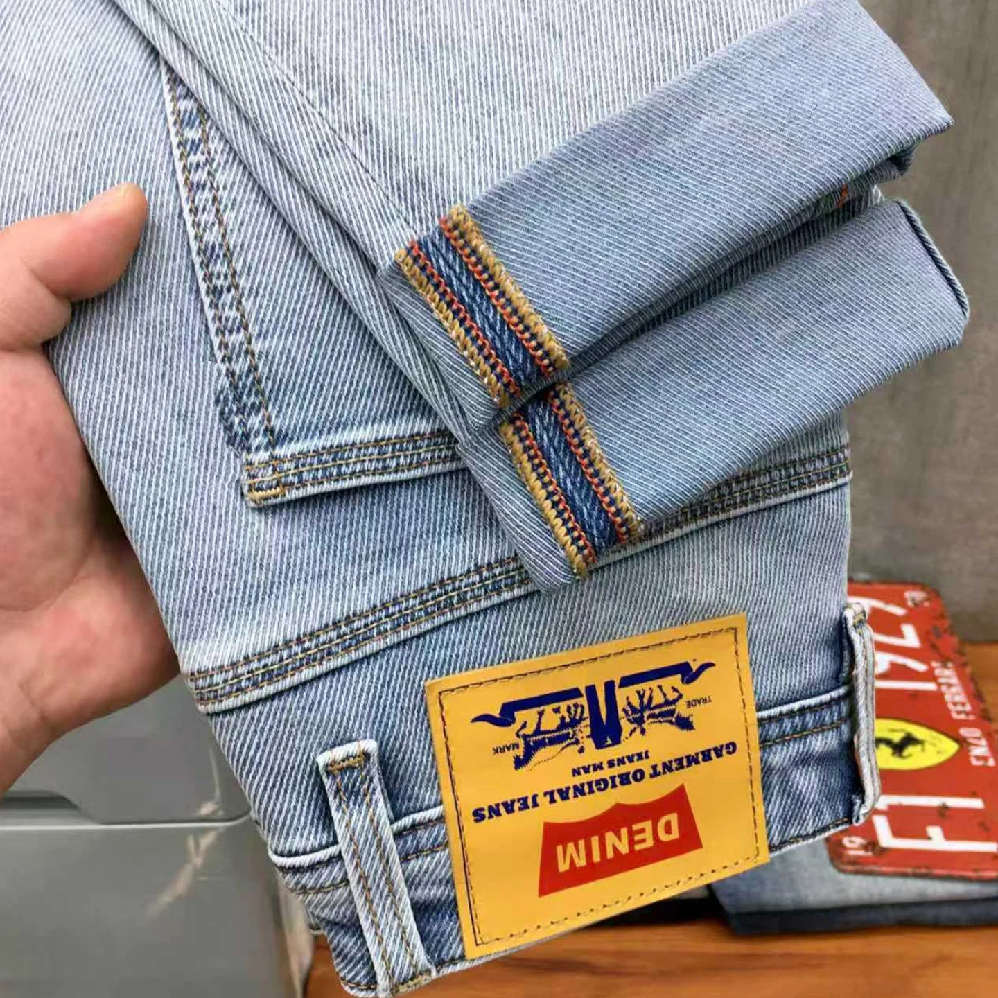 Printed Lightweight Summer Men's Denim Jeans 2026 New Style Light Blue Stretch Slim-fit Skinny Leg Pants American Vintage