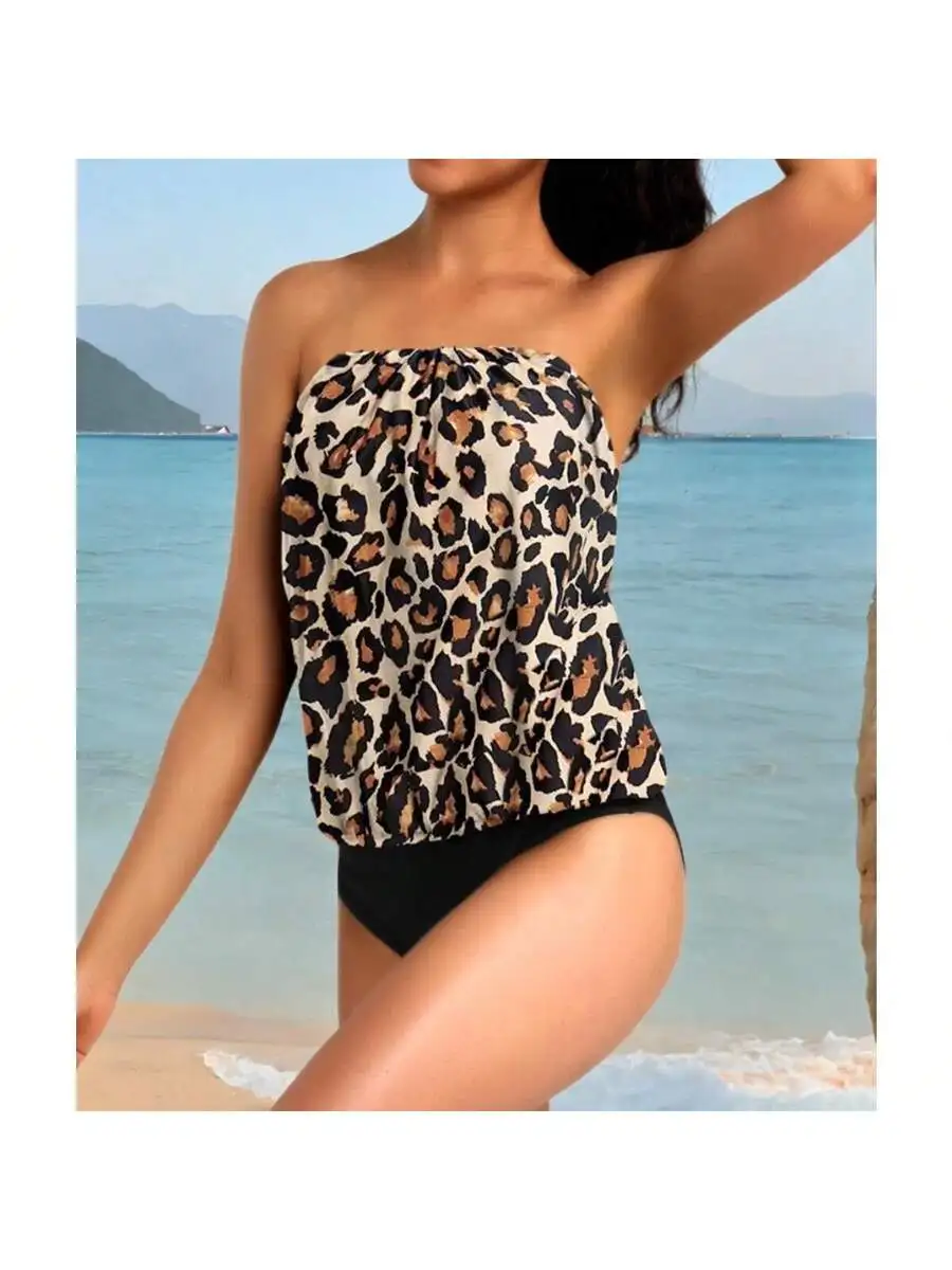 

Women Leopard Print Bandeau Tankini Set Tummy Control Loose Blouson Top High Waisted Bottom