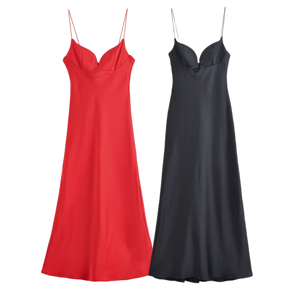 Women's Retro Fashion Black Satin Dress Thin Suspender Maxi Dress New Summer Fashion Party Romantic Holiday Dress