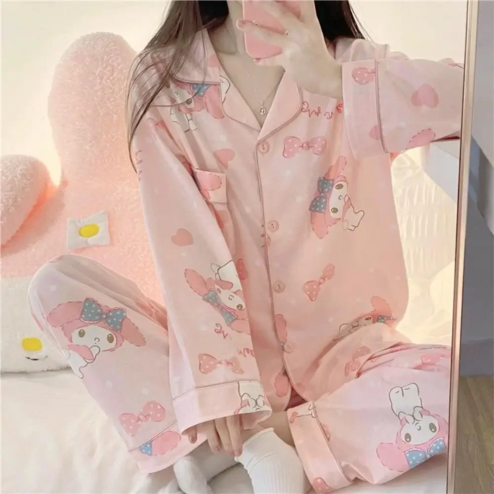 Sanrioed My Melody 2Pcs Pajamas Suit for Women Anime Kawaii Spring Long Sleeve Tops Pants Loungewear Homewear Sweet Girls Cute