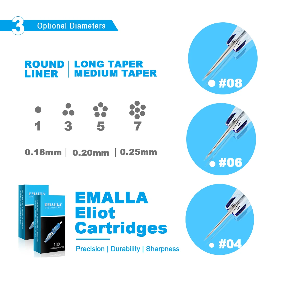 10pcs EMALLA Eliot Tattoo Cartridge Needles RS Round Shader Disposable Sterilize Tattoo Needles Makeup Machine Pen Needle