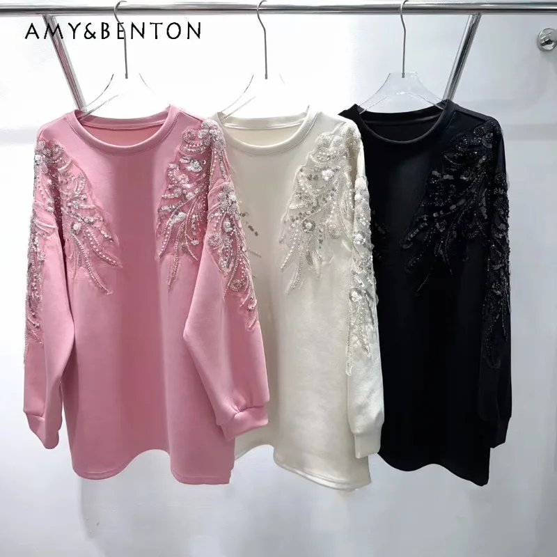 Autumn New High-end Heavy Industry Sequins Loose Medium And Long T-shirt Sweatshirts Versatile Pullovers Top O-neck Pink Hoodies