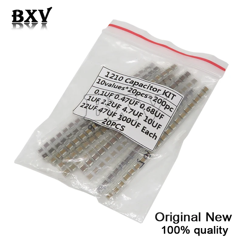 

Free Shipping 1210 SMD Capacitor Assorted Kit ,10Values*20PCS=200PCS 100nF~100uF Samples Kit Electronic Diy Kit