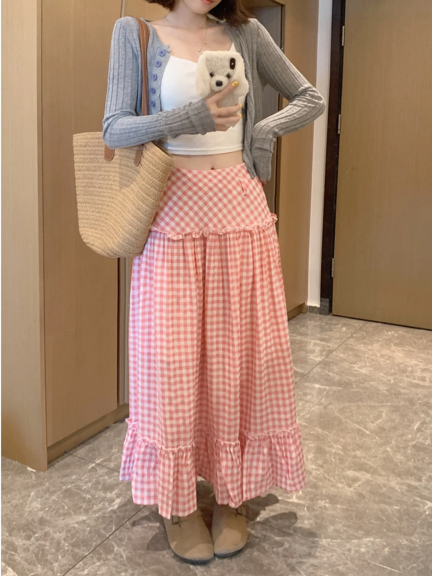 

High Waist A-Line Skirt with Gingham Patchwork And Wooden Ear Trim for plus Size Women Summer New Sle Korean Version Midi S...
