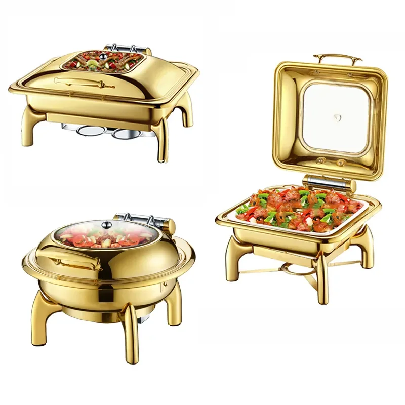 Gold Chaffing Dishes Glass Top Royal Food Warmer Commercial Buffet chaffing dish luxury for Hotel