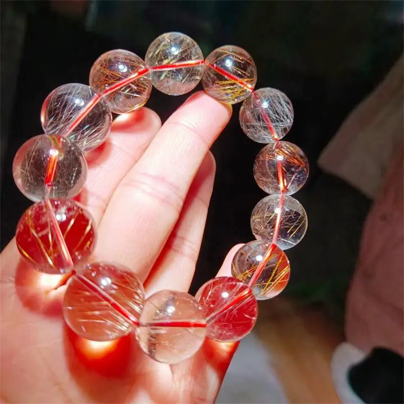 17MM Natural Rutilated Quartz Bracelet Women Fashion Round Stone Elegant Healing Strand Bangles Wristband Gift 1PCS