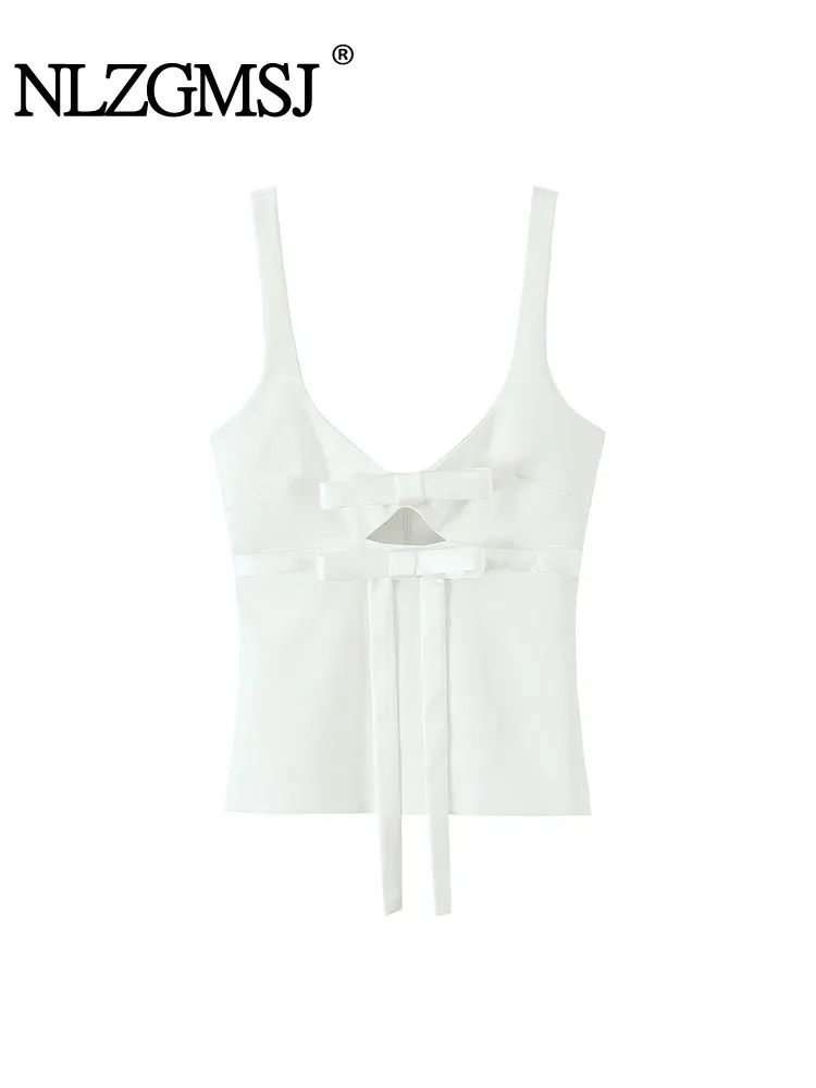 

2025 Summer Women's Bow Decoration Top Sleeveless Casual Top Woman Pleated Tops Women Tank Top