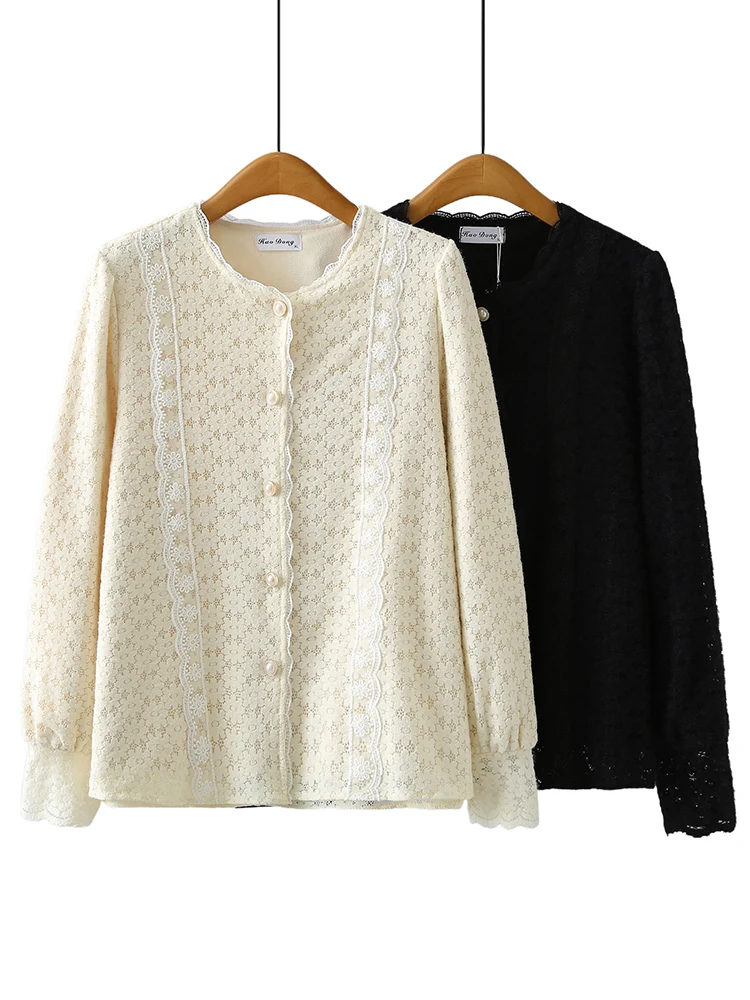 ファッショナブルなママ服秋冬厚みのある暖かさレースシャツ中空アウター韓国スタイル綿混紡生地