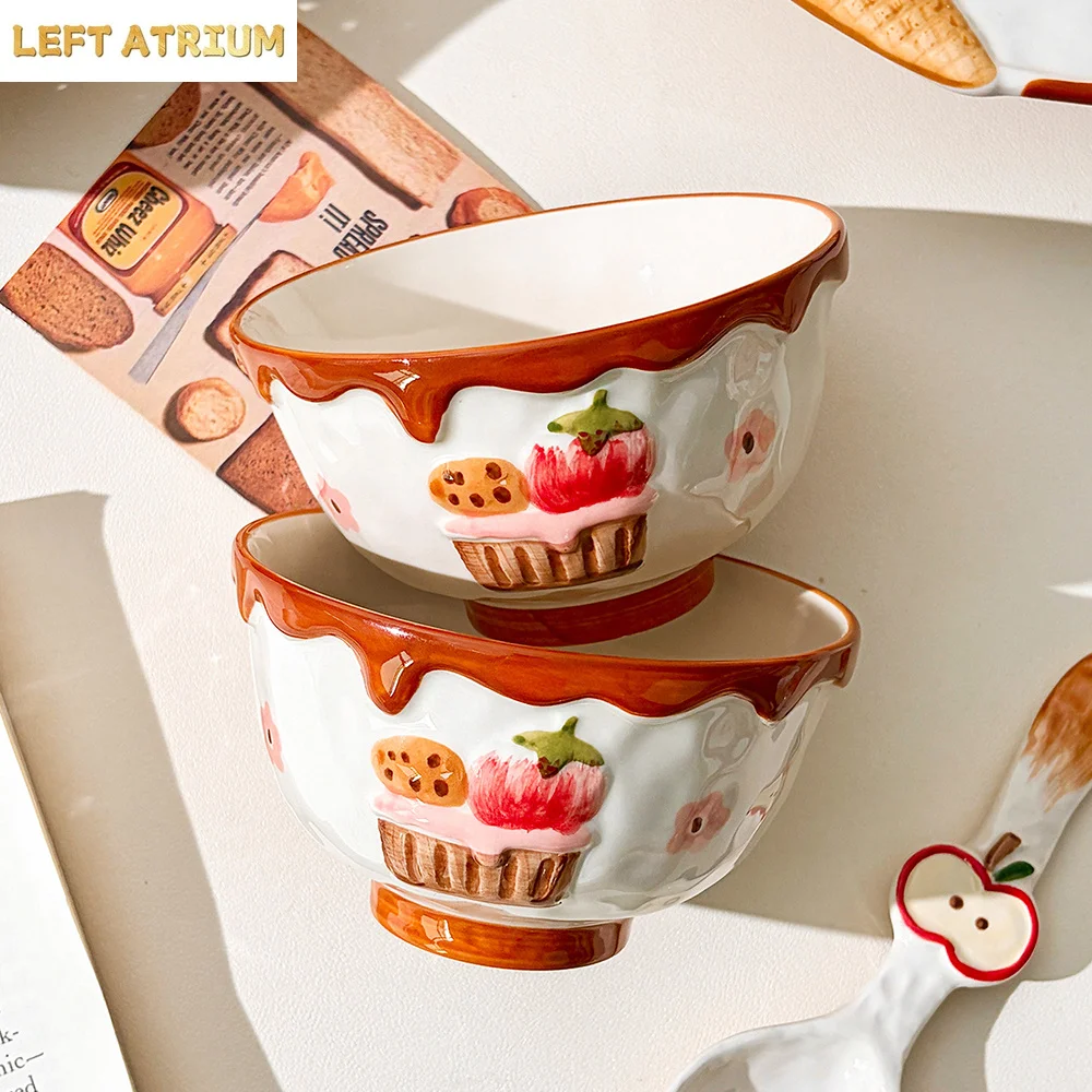 

4.5 Inch Ceramic Bowl Exquisite Relief Strawberry Design Dessert Yogurt Bowls Food-Safe Home Kitchen Daily Dining Gift Tableware