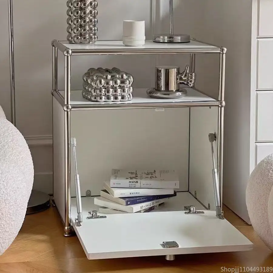 Vintage Industrial Modular Storage Cabinet Mid-Century Stainless Steel Side Table with Adjustable Shelves for Bedroom LivingRoom