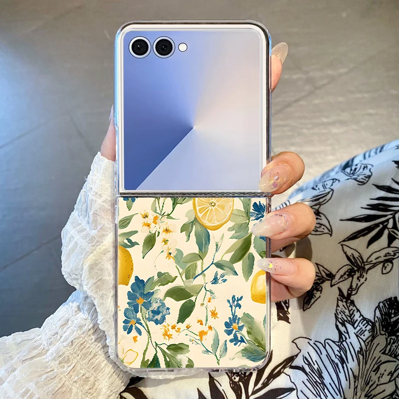 Lemon Flower Pattern Folding Phone Case For Samsung Galaxy Z Flip 8 7 6 5 4 3 Clear Hard Cover For Galaxy Z Flip8 Flip7 FE Flip6