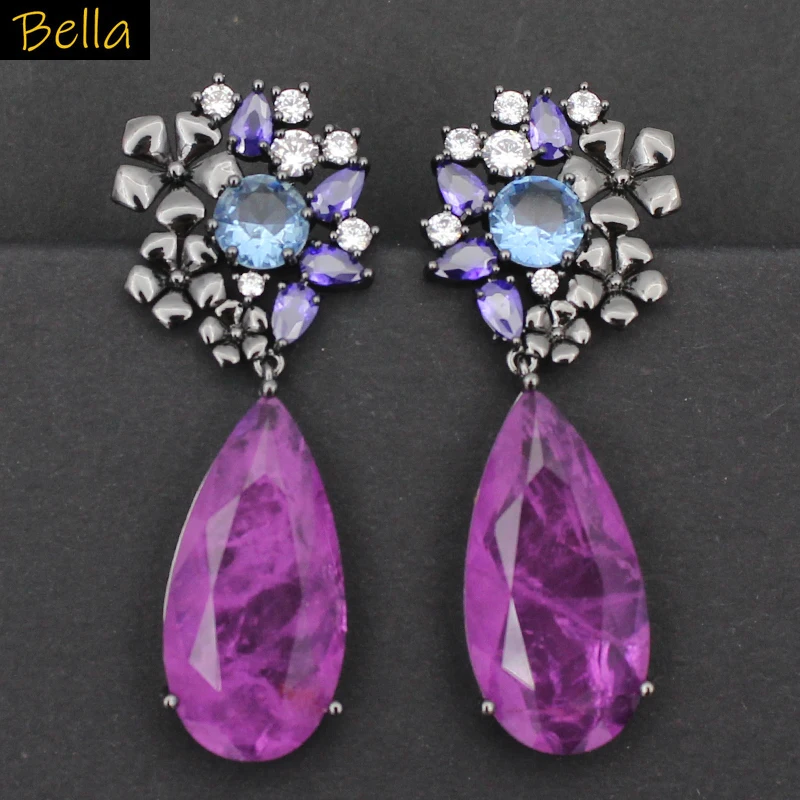 

Green Purple Water Drop Earrings women Cute Black Gold Color Flower Party Jewelry