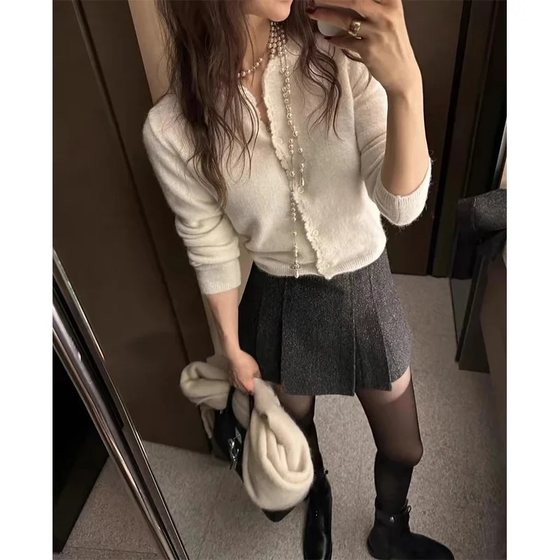 

Ele Sweet Sle Pure Color Knitted Cardigan Women's round Ne Button up Sve Long Length Regular Fit Faion Spring