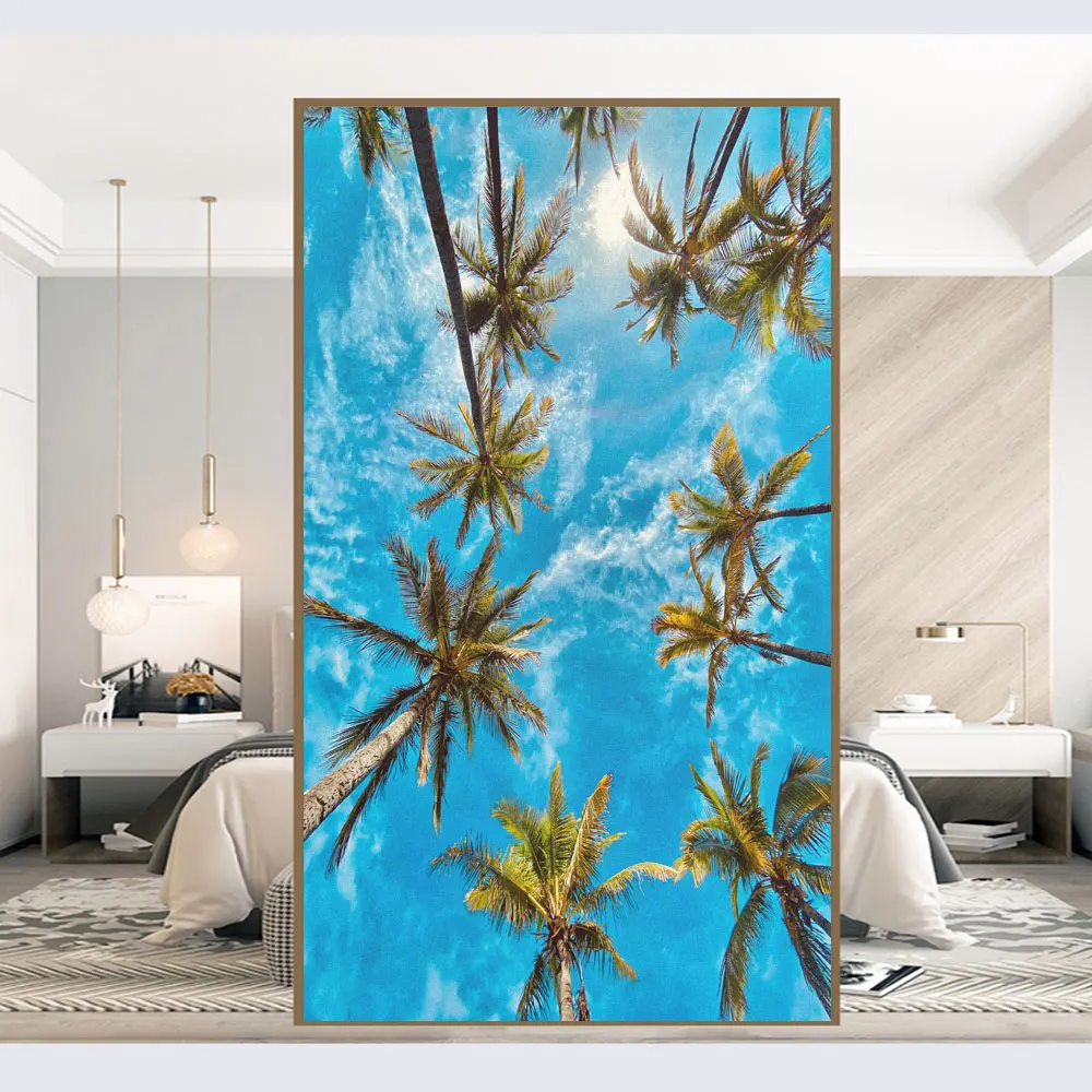 Static Cling Privacy Window Film Heat Control UV Blocking Window Glass Film Blue Sky And Coconut Trees Frosted Window Film