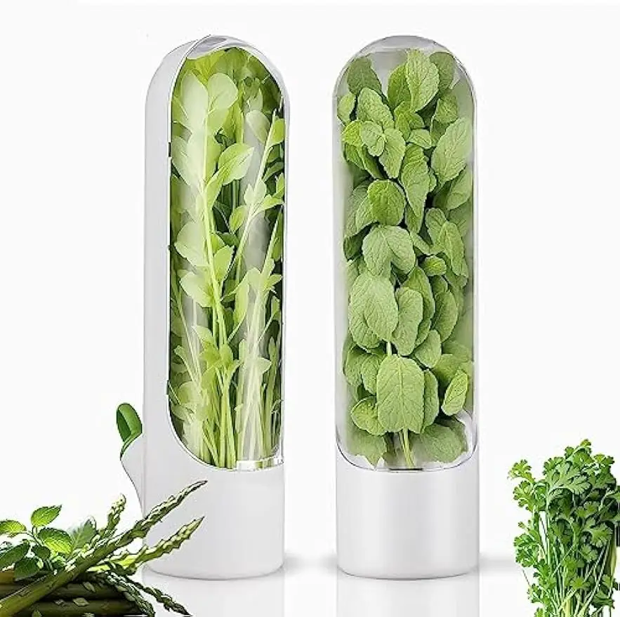 2pcs Herb Saver for Refrigerator Fruit Vegetable Crisper Vanilla Fresh Keeper Herb Storage Container Kitchen Storage Utensil