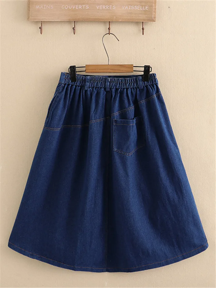 Plus Size Women's Denim Skirt Elastic Belt Button Loose Large Skirt Hem Knee-Length Skirt Thin Denim Fabric Umbrella Skirt