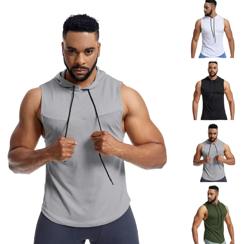 

2024 new summer half sleeve Men's High Elastic Fitness Training Clothes Fitness Sleeveless Hooded Shirt Men's Basketball tankTop