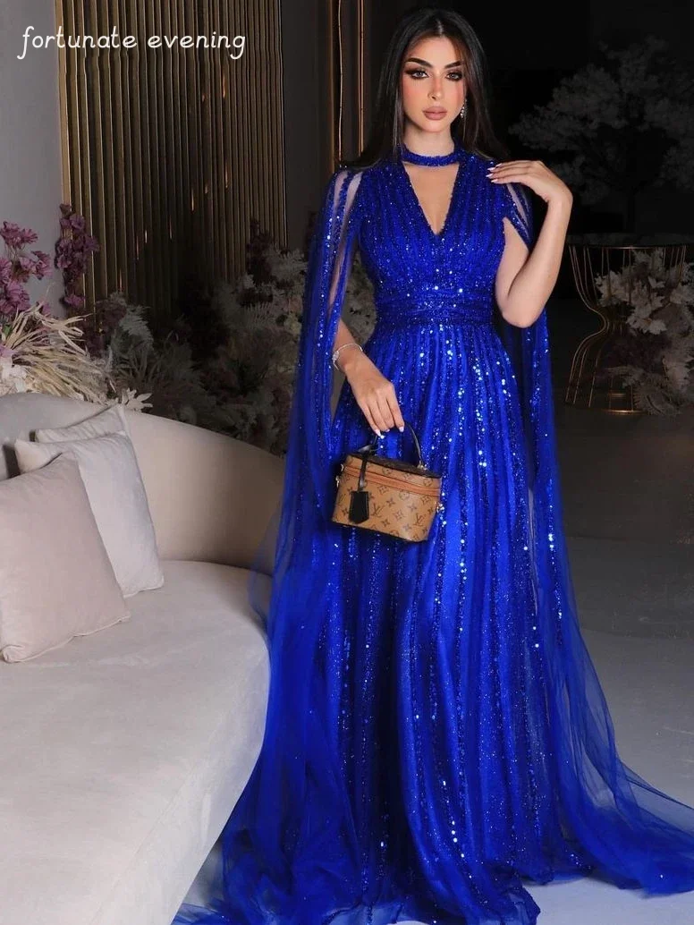 

Fortunate Evening Elegant Vintage Sexy Sequins Beaded Navy Blue V-Neck Customized Formal Occasion Prom Dress Evening Party Gowns