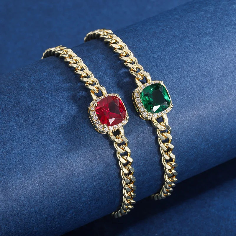 New High-end Jewelry Luxury Inlaid Colorful Gem Bracelet Emerald Pigeon Blood Ruby Square Main Stone 9*9