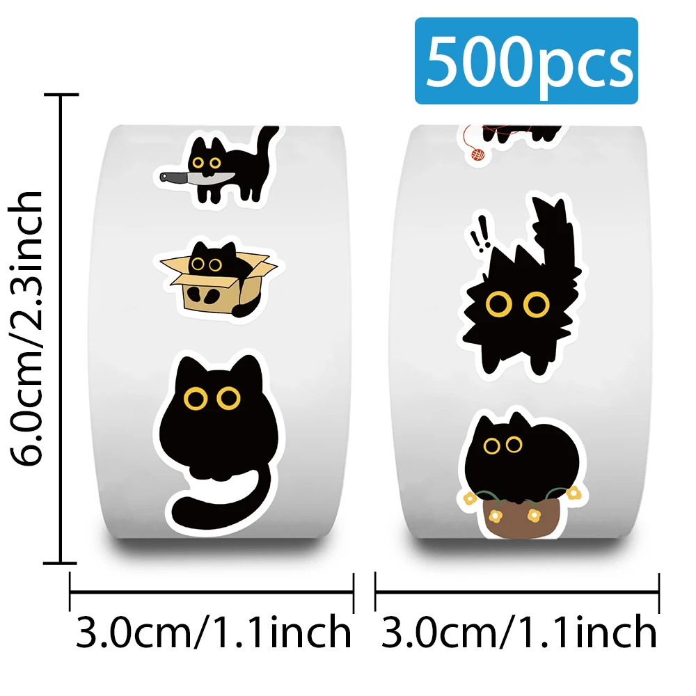 500PCS Black Cat Sticker Rolls Funny Cartoon Cat Meme Cute Label Decals Crafts for Laptop Guitar Skateboard Decor School Rewards image 5