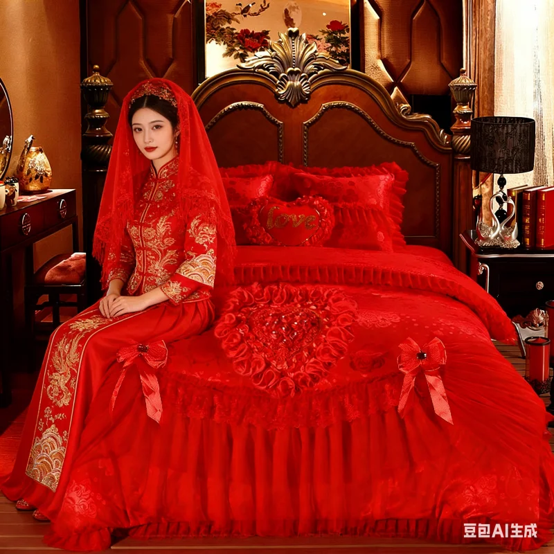 

Red Jacquard Satin Cotton Bedding Set Luxury Princess Wedding Lace Embroidery Duvet Cover Set Bed Sheet Pillowcases Home Textile