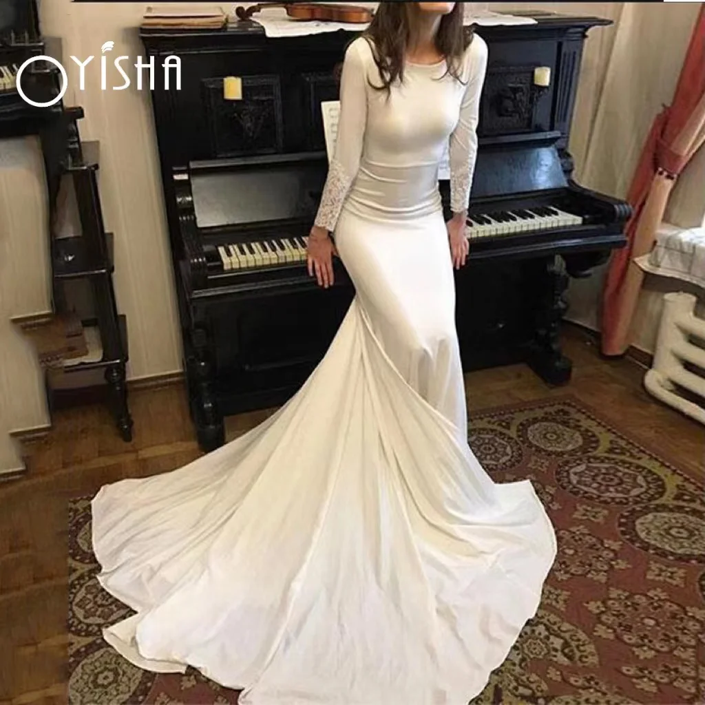 OYISHA Đơn Giản Nàng Tiên Cá Tay Dài Áo Váy Cạp-Cổ Appliques Ren Satin Cô Dâu Đồ Bầu Nút Thiết Kế Vestidos De Novia